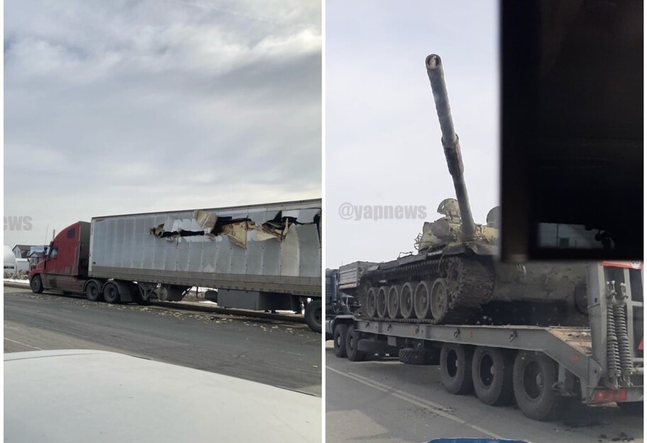 В России танк стволом разорвал бок фуры - видео - фото 1
