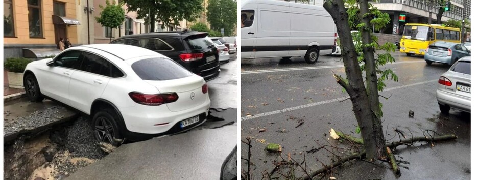 Киев затопило, в центре города под машиной провалился асфальт (фото и видео)