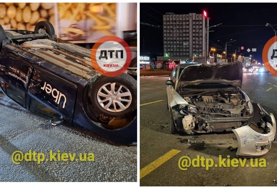 ДТП в Киеве - на Оболонском проспекте перевернулось такси Uber - фото - фото 1