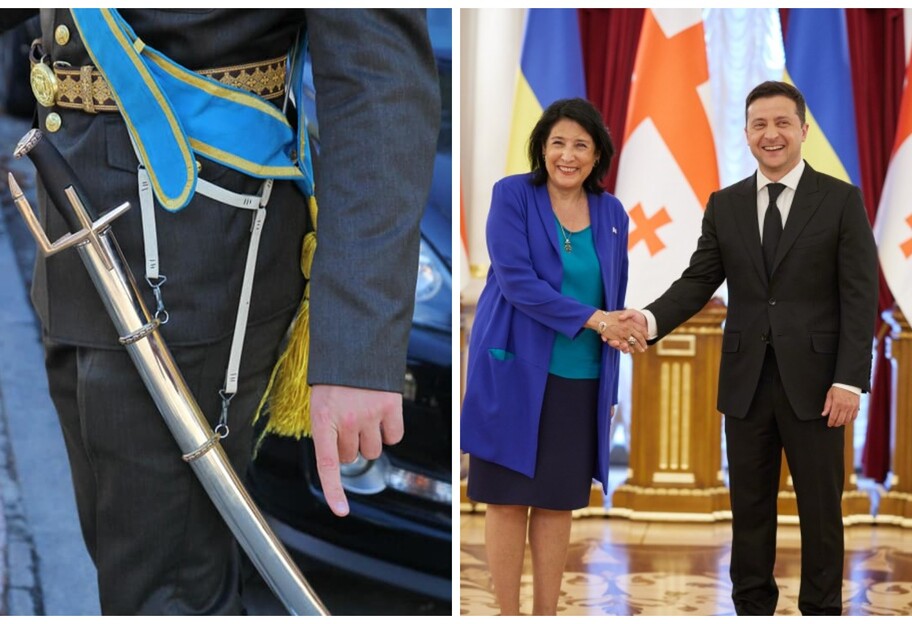 Зеленский и Зурабишвили - солдат уронил ножны сабли на встрече президентов - видео - фото 1