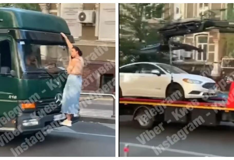 В Киеве девушка залезла на эвакуатор, который вез ее авто – видео - фото 1