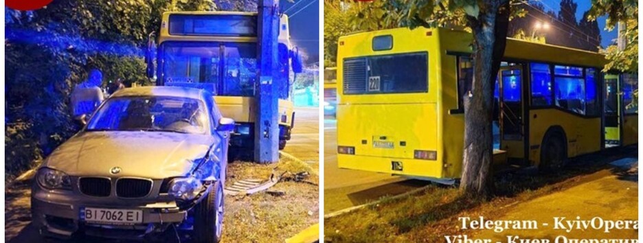 Отошел за кофе: в Киеве автобус без водителя протаранил легковушку (фото)