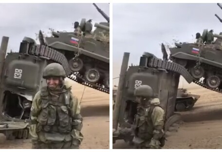 Російські військові протаранили і перевернули БМП: на відео сміються самі з себе