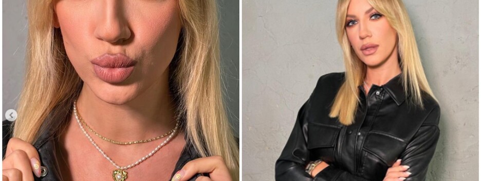 Леся Никитюк в чорній шкірі оголила декольте з перловим кольє (фото)