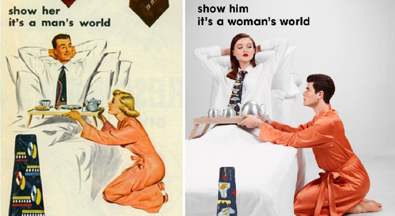 Фотограф меняет ролями женщин и мужчин в винтажной рекламе 50-х годов